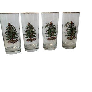 4 Spode Christmas Tree Gold Trim Glasses Rubs Rims  Tall